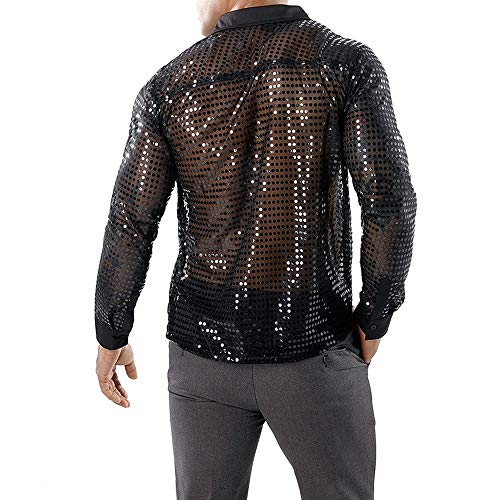 Hombre Club de Fiesta Camisa Traje Delgado Sexy - Lentejuelas Brillantes Negro Oro Plata Discoteca Estilos Manga Larga botón Disco Dance Tops Disfraz Fiesta Clubwear Cosplay (Black,XXL)