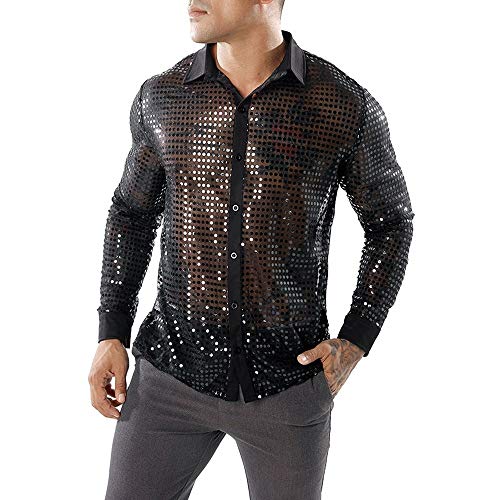 Hombre Club de Fiesta Camisa Traje Delgado Sexy - Lentejuelas Brillantes Negro Oro Plata Discoteca Estilos Manga Larga botón Disco Dance Tops Disfraz Fiesta Clubwear Cosplay (Black,XXL)