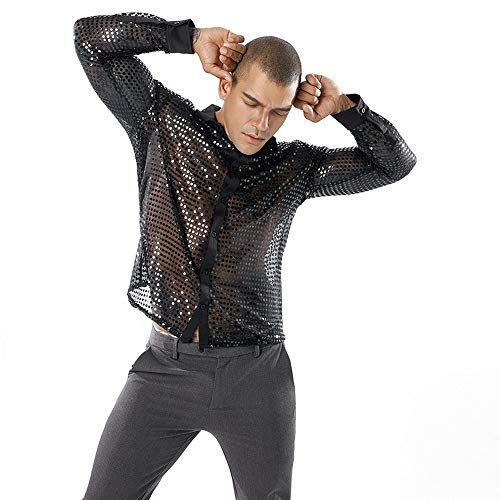 Hombre Club de Fiesta Camisa Traje Delgado Sexy - Lentejuelas Brillantes Negro Oro Plata Discoteca Estilos Manga Larga botón Disco Dance Tops Disfraz Fiesta Clubwear Cosplay (Black,XXL) Hombre Club de Fiesta Camisa Traje Delgado Sexy - Lentejuelas Brillantes Negro Oro Plata Discoteca Estilos Manga Larga botón Disco Dance Tops Disfraz Fiesta Clubwear Cosplay (Black,XXL)