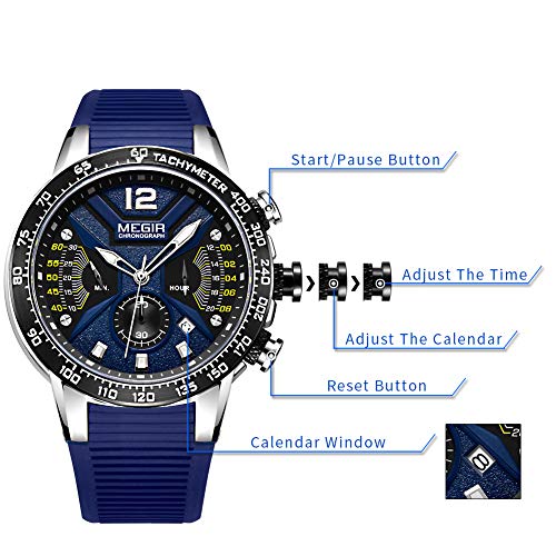 Hombre Relojes Moda Impermeable Silicona Cronógrafo Relojes Negocios Analogicos Cuarzo Relojes Clásico Azul Correa Fecha Calendario Relojes