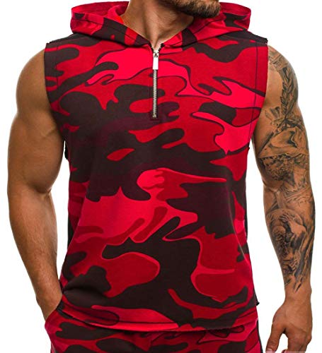 Hombres Entrenamiento Fitness Sudadera con Capucha sin Mangas Camuflaje Imprimir Camiseta sin Mangas Ropa Deportiva Gimnasio Hoodies (XL, Rojo)