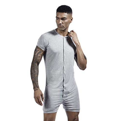 Hombres Mono Corto Ropa Interior Hombre Sexy Verano Pijamas de Dormir Mangas Corta Slim Fit Casual Jogging Fitness Jumpsuit Ropa Deportiva Botón Yvelands(Gris,L)