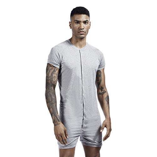 Hombres Mono Corto Ropa Interior Hombre Sexy Verano Pijamas de Dormir Mangas Corta Slim Fit Casual Jogging Fitness Jumpsuit Ropa Deportiva Botón Yvelands(Gris,L)