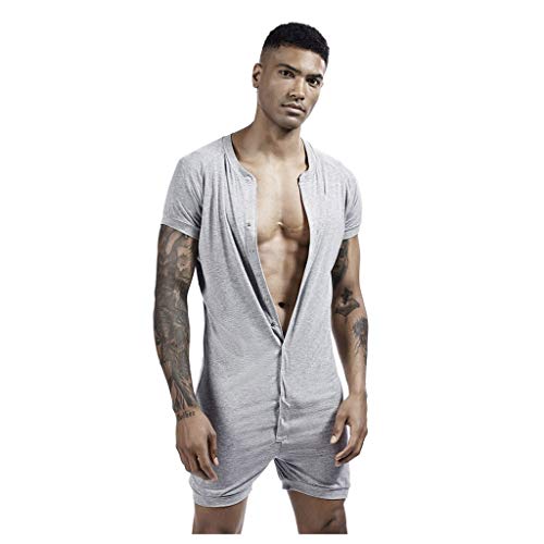 Hombres Mono Corto Ropa Interior Hombre Sexy Verano Pijamas de Dormir Mangas Corta Slim Fit Casual Jogging Fitness Jumpsuit Ropa Deportiva Botón Yvelands(Gris,L)