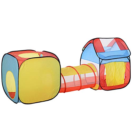 HOMCOM 3 en 1 Casa de Juegos Infantil Tienda de Campaña para Niños Mayores de 3 Años Plegable con 2 Casita Tela Túnel Ventanas de Ventilación 230x70x89 cm Multicolor