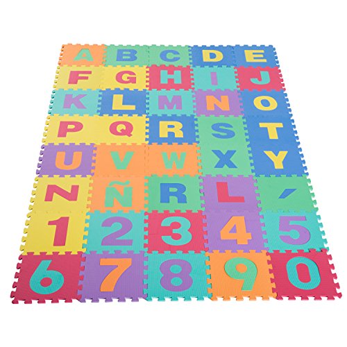 HOMCOM Alfombra Puzle Niños Colchoneta Suave Juego Rompecabezas para Niños 3.6㎡ Letras Abecedario y Números 0-9 Goma Espuma EVA Lavable Resistente a la Humedad