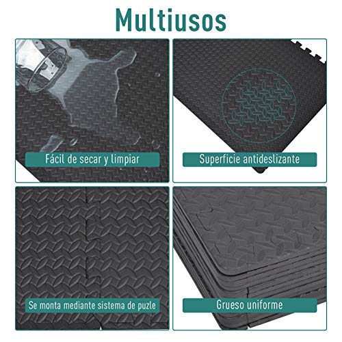 HOMCOM Alfombra Puzzle 6 Piezas Esterilla Protectora de Rompecabeza con Bordes Goma Espuma EVA Área 2,16 m² para Fitness Gimnasio Juego 60x60x1,2cm