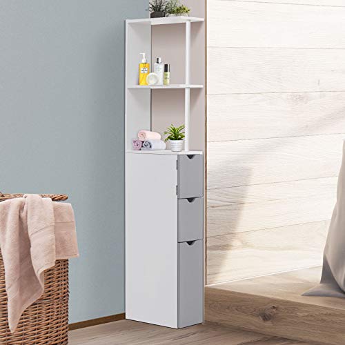 HOMCOM Armario Alto de Baño Multiusos Estrecho con 2 Estantes 1 Puerta y 2 Cajones de Almacenamiento 15x33x136cm Color Blanco HOMCOM Armario Alto de Baño Multiusos Estrecho con 2 Estantes 1 Puerta y 2 Cajones de Almacenamiento 15x33x136cm Color Blanco