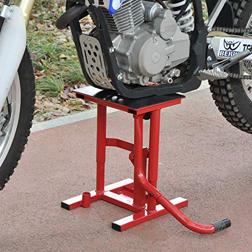 HOMCOM Caballete Tipo Soporte Elevador de Motocross de Acero Plataforma Tipo Peana Universal para Reparación y Estacionamiento Accesorio de Motos Altura Ajustable 28x34x30-40cm Carga 150kg Color Rojo