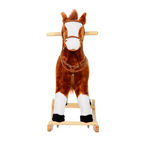 HOMCOM Caballito Balancín Bebé Balancín Peluche Caballo Madera para Niños +3 Años con Sonidos 74x28x65cm