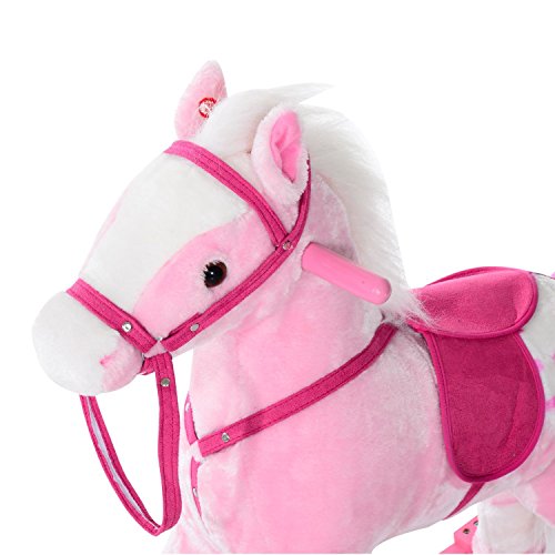 HOMCOM Caballito Balancín Bebé Balancín Peluche Caballo Madera para Niños +3 Años con Sonidos 74x28x65cm Caballito Balancin de Peluche Niños 3 años Juguete Caballo Mecedora Madera Rosa