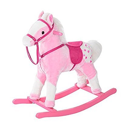 HOMCOM Caballito Balancín Bebé Balancín Peluche Caballo Madera para Niños +3 Años con Sonidos 74x28x65cm Caballito Balancin de Peluche Niños 3 años Juguete Caballo Mecedora Madera Rosa