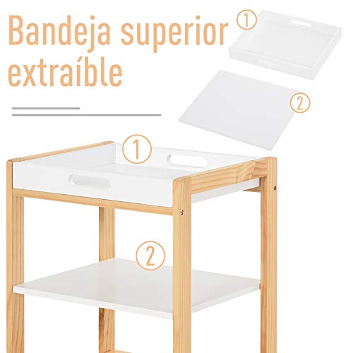 HOMCOM Carrito de Cocina Carrito de Servicio Doméstico de 4 Niveles con Una Bandeja Extraíble Estante Ruedas Universales 40x30x76 cm Blanco Madera