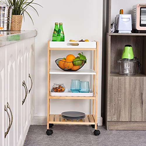 HOMCOM Carrito de Cocina Carrito de Servicio Doméstico de 4 Niveles con Una Bandeja Extraíble Estante Ruedas Universales 40x30x76 cm Blanco Madera