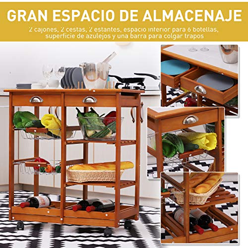 HOMCOM Carrito para Cocina Multifuncional Carrito Auxiliar de Madera con Gran Espacio de Almacenaje Cajones Cestas Estantes 4 Ruedas Freno HOMCOM Carrito para Cocina Multifuncional Carrito Auxiliar de Madera con Gran Espacio de Almacenaje Cajones Cestas Estantes 4 Ruedas Freno