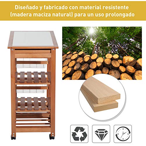 HOMCOM Carrito para Cocina Multifuncional Carrito Auxiliar de Madera con Gran Espacio de Almacenaje Cajones Cestas Estantes 4 Ruedas Freno