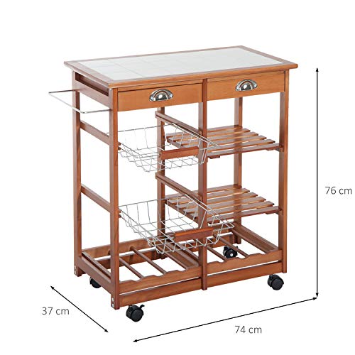 HOMCOM Carrito para Cocina Multifuncional Carrito Auxiliar de Madera con Gran Espacio de Almacenaje Cajones Cestas Estantes 4 Ruedas Freno