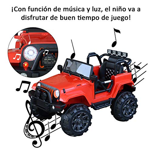 HOMCOM Coche Eléctrico Todoterreno con Mando a Distancia MP3 Luces y Sonidos Apertura de Puerta Batería 12V Control Remoto Carga 30kg para Niños +3 Años 128x78x76cm