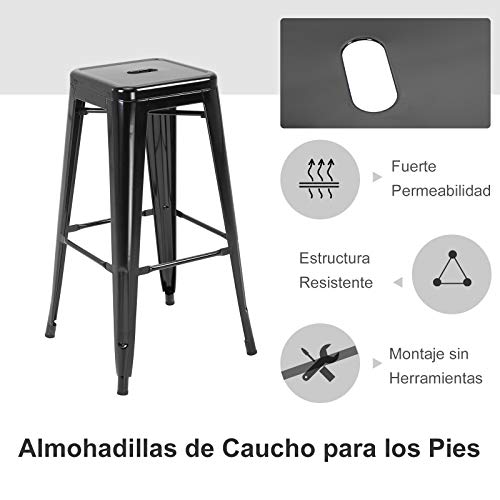 HOMCOM Conjunto de 4 Taburetes de Bar Estilo Industrial Apilables y con Reposapiés Aptos para Interiores y Exteriores 43x43x76 cm Carga hasta 120kg Color Negro