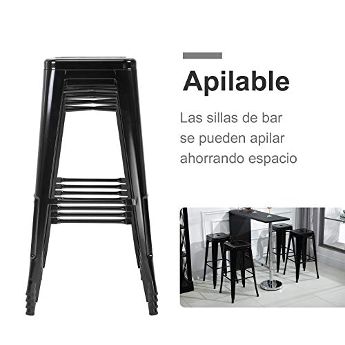 HOMCOM Conjunto de 4 Taburetes de Bar Estilo Industrial Apilables y con Reposapiés Aptos para Interiores y Exteriores 43x43x76 cm Carga hasta 120kg Color Negro