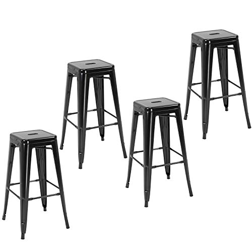 HOMCOM Conjunto de 4 Taburetes de Bar Estilo Industrial Apilables y con Reposapiés Aptos para Interiores y Exteriores 43x43x76 cm Carga hasta 120kg Color Negro