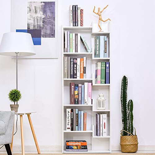 HOMCOM Estantería de 6 Niveles Librería Vertical de Forma Irregular Diseño Moderno Sistema Antivuelco 60x21x162,5 cm Blanco