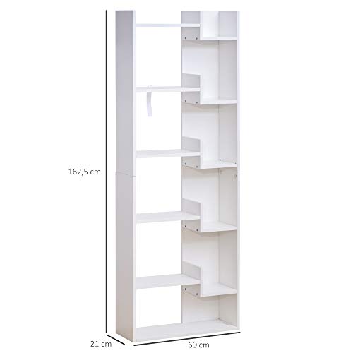 HOMCOM Estantería de 6 Niveles Librería Vertical de Forma Irregular Diseño Moderno Sistema Antivuelco 60x21x162,5 cm Blanco