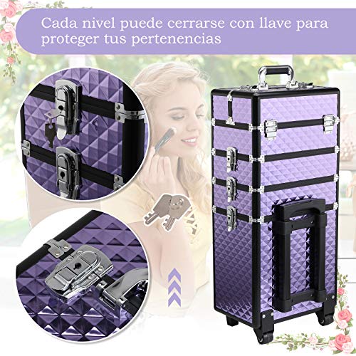 HOMCOM Maletín de Maquillaje Profesional con Ruedas Universales Distintos Niveles Asa Extensible Maletín Maquillaje Trolley Aleación de Aluminio 33.5x23x76/95.5 cm Violeta HOMCOM Maletín de Maquillaje Profesional con Ruedas Universales Distintos Niveles Asa Extensible Maletín Maquillaje Trolley Aleación de Aluminio 33.5x23x76/95.5 cm Violeta