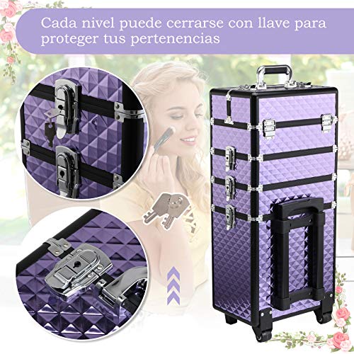 HOMCOM Maletín de Maquillaje Profesional con Ruedas Universales Distintos Niveles Asa Extensible Maletín Maquillaje Trolley Aleación de Aluminio 33.5x23x76/95.5 cm Violeta