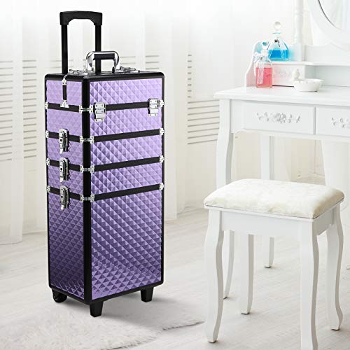 HOMCOM Maletín de Maquillaje Profesional con Ruedas Universales Distintos Niveles Asa Extensible Maletín Maquillaje Trolley Aleación de Aluminio 33.5x23x76/95.5 cm Violeta