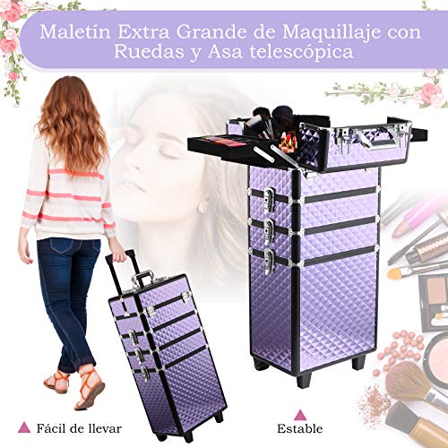 HOMCOM Maletín de Maquillaje Profesional con Ruedas Universales Distintos Niveles Asa Extensible Maletín Maquillaje Trolley Aleación de Aluminio 33.5x23x76/95.5 cm Violeta HOMCOM Maletín de Maquillaje Profesional con Ruedas Universales Distintos Niveles Asa Extensible Maletín Maquillaje Trolley Aleación de Aluminio 33.5x23x76/95.5 cm Violeta