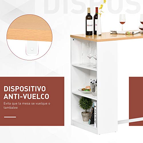 HOMCOM Mesa de Bar de Bistro Mesa Alta para Cocina Comedor con 3 Estantes Estructura de Metal Antivuelco Carga 100 kg 115x55x100 cm Blanco y Roble