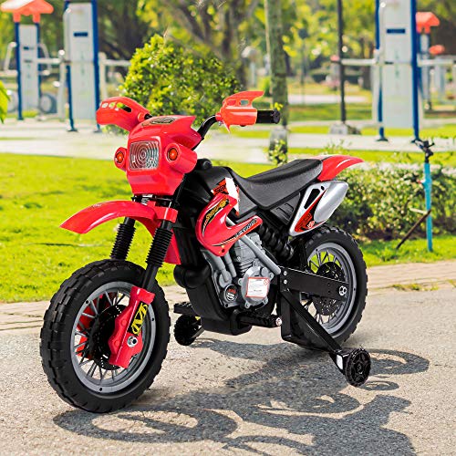 HOMCOM Moto Electrica Infantil Bateria 6V Recargable Niños 3+ Años Cargador y Ruedas Apoyo Color Rojo