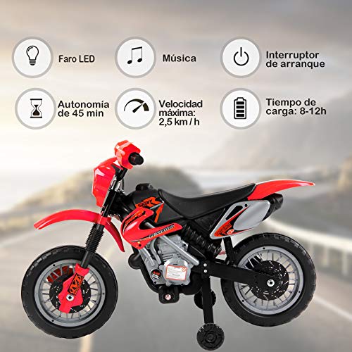 HOMCOM Moto Electrica Infantil Bateria 6V Recargable Niños 3+ Años Cargador y Ruedas Apoyo Color Rojo