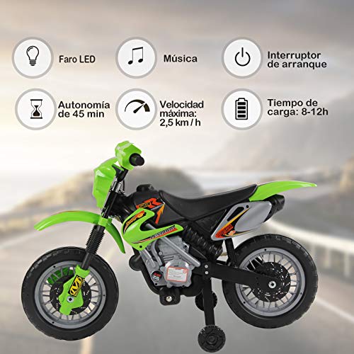 HOMCOM Moto Electrica Infantil Bateria 6V Recargable Niños 3 Años Cargador y Ruedas Apoyo Color Verde