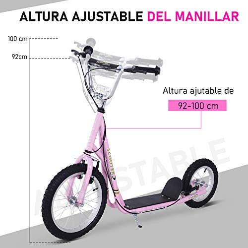 HOMCOM Patinete 125x58x92-100 cm 2 Ruedas 16/12 Pulgadas con 2 Frenos Scooter + Caballete Rosa