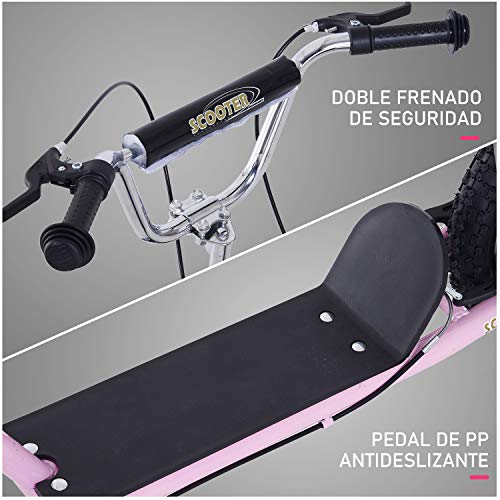 HOMCOM Patinete 125x58x92-100 cm 2 Ruedas 16/12 Pulgadas con 2 Frenos Scooter + Caballete Rosa