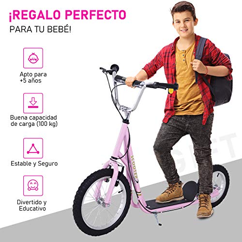 HOMCOM Patinete 125x58x92-100 cm 2 Ruedas 16/12 Pulgadas con 2 Frenos Scooter + Caballete Rosa