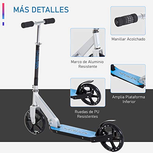 HOMCOM Patinete para Niños y Adultos Scooter Plegable Plegable Manillar Ajustable Marco Aluminio Ligero y Estable Carga 80kg Aluminio 84x34x86-96 cm Blanco