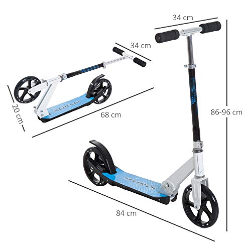 HOMCOM Patinete para Niños y Adultos Scooter Plegable Plegable Manillar Ajustable Marco Aluminio Ligero y Estable Carga 80kg Aluminio 84x34x86-96 cm Blanco