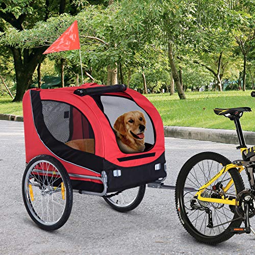 HOMCOM PawHut Remolque Bicicleta Perros Mascota 1 Bandera 6 Reflectores Remolque Bici Rojo Negro