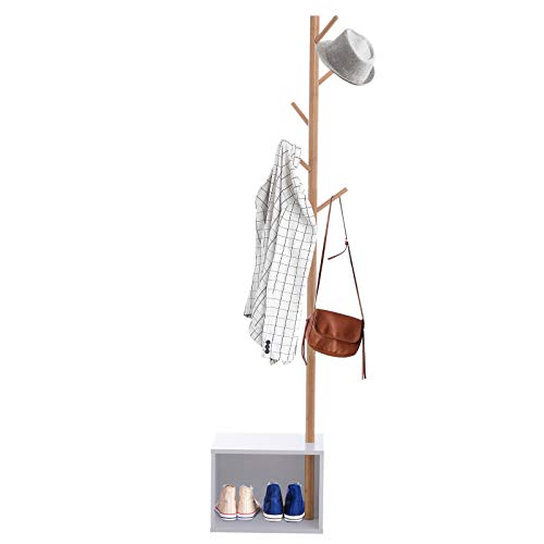 HOMCOM Perchero de Pie con Zapatero Colgador Tipo Árbol Moderno 6 Ganchos para Colgar Ropa Bolsa Banco con Almacenamiento Pasillo Entrada Bambú y MDF 40x30x180cm