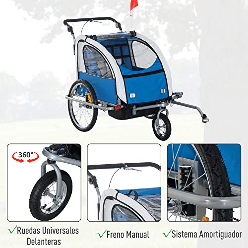 HOMCOM Remolque Infantil para Bicicleta 2 PLAZAS Rueda Giratoria 360° y Amortiguadores CON BARRA INCLUIDA Kit de Footing COLOR Azul HOMCOM Remolque Infantil para Bicicleta 2 PLAZAS Rueda Giratoria 360° y Amortiguadores CON BARRA INCLUIDA Kit de Footing COLOR Azul