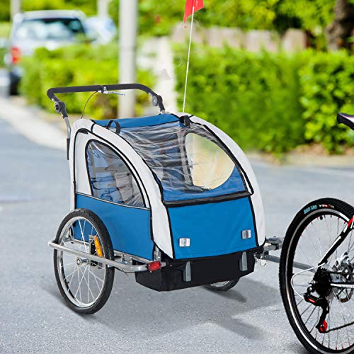 HOMCOM Remolque Infantil para Bicicleta 2 PLAZAS Rueda Giratoria 360° y Amortiguadores CON BARRA INCLUIDA Kit de Footing COLOR Azul