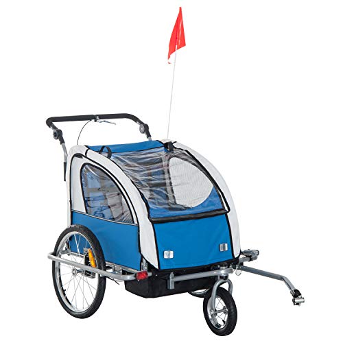 HOMCOM Remolque Infantil para Bicicleta 2 PLAZAS Rueda Giratoria 360° y Amortiguadores CON BARRA INCLUIDA Kit de Footing COLOR Azul HOMCOM Remolque Infantil para Bicicleta 2 PLAZAS Rueda Giratoria 360° y Amortiguadores CON BARRA INCLUIDA Kit de Footing COLOR Azul
