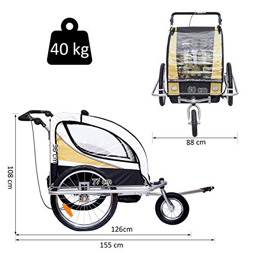 HOMCOM Remolque para Bicicleta tipo Carro con Barra de Paseo para Niños de 2 Plazas con Rueda Delantera Giratoria 360° y Asiento Acolchado Carga Máx. 40kg (Verde)