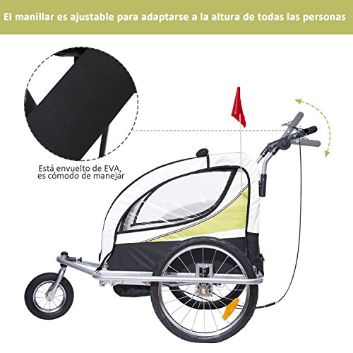 HOMCOM Remolque para Bicicleta tipo Carro con Barra de Paseo para Niños de 2 Plazas con Rueda Delantera Giratoria 360° y Asiento Acolchado Carga Máx. 40kg (Verde)