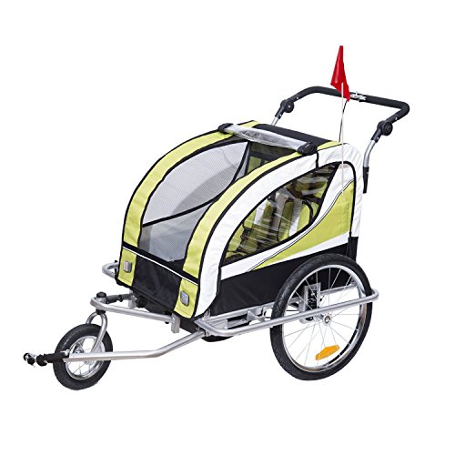 HOMCOM Remolque para Bicicleta tipo Carro con Barra de Paseo para Niños de 2 Plazas con Rueda Delantera Giratoria 360° y Asiento Acolchado Carga Máx. 40kg (Verde)