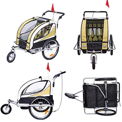 HOMCOM Remolque para Bicicleta tipo Carro con Barra de Paseo para Niños de 2 Plazas con Rueda Delantera Giratoria 360° y Asiento Acolchado Carga Máx. 40kg (Amarillo)