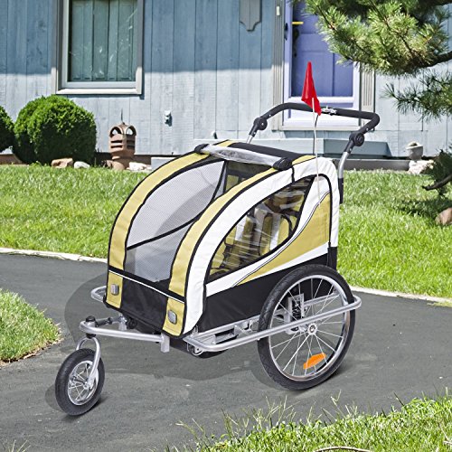 HOMCOM Remolque para Bicicleta tipo Carro con Barra de Paseo para Niños de 2 Plazas con Rueda Delantera Giratoria 360° y Asiento Acolchado Carga Máx. 40kg (Amarillo)